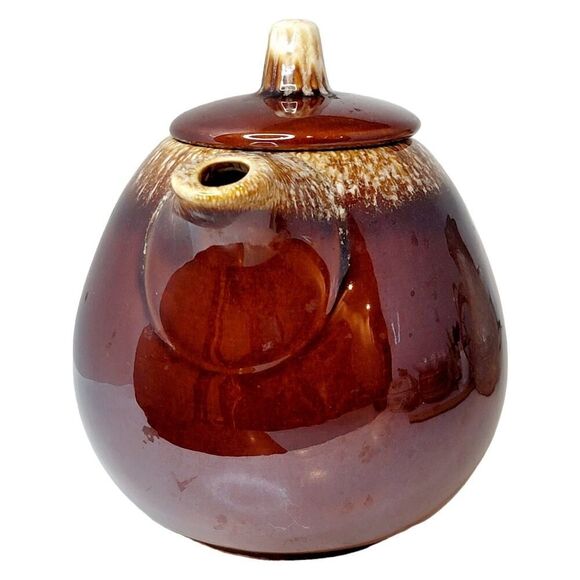 Vintage Hull Pottery Brown Drip Ball Shaped Tea Pot & Lid Oven Proof USA 6 3/4" - Picture 2 of 8